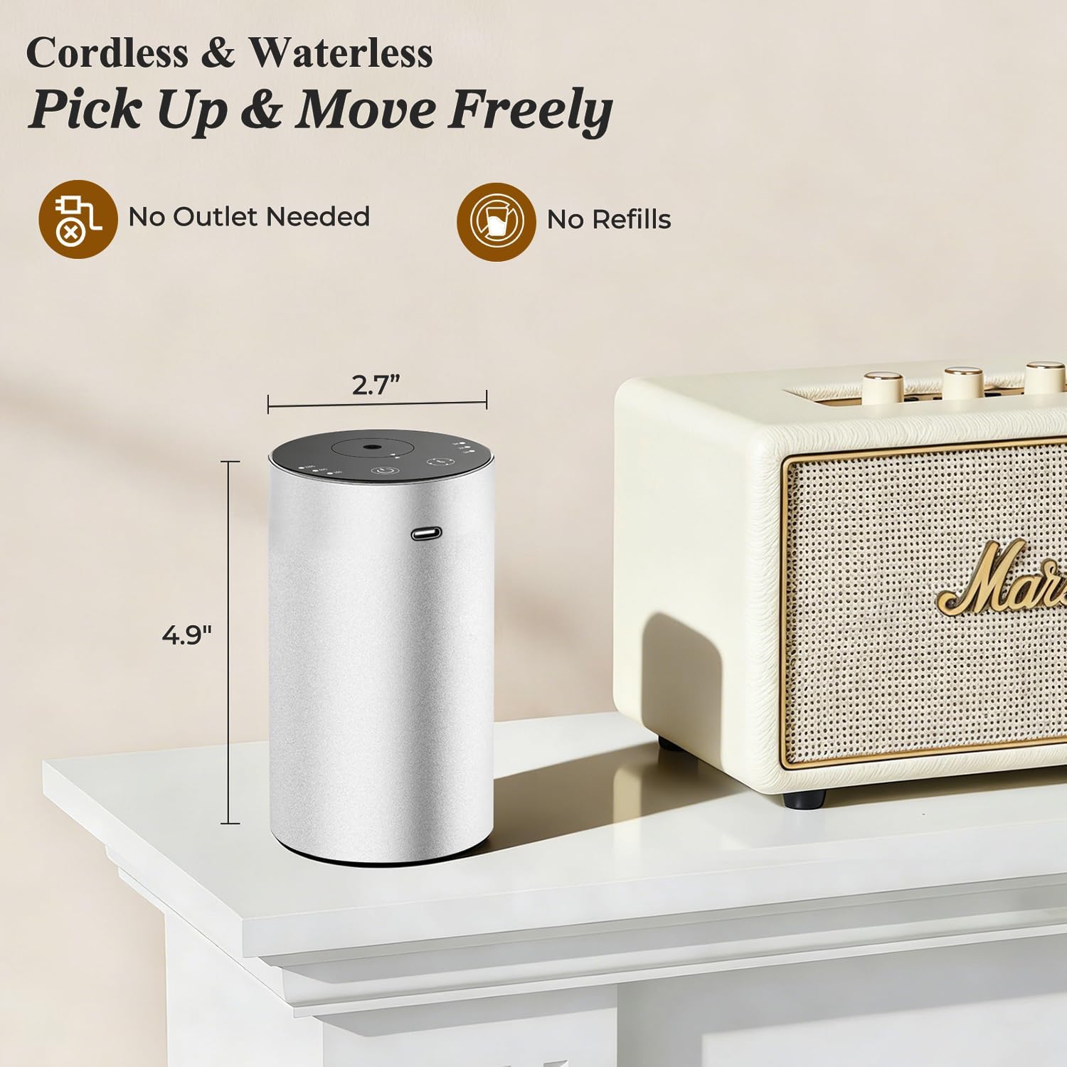 URPOWER Waterless Essential Oil Diffuser: No Water Needed Battery Operated Scent Diffuser - Cordless & Mini Essential Oil Machine Aluminum for Car Home Office(Silver)