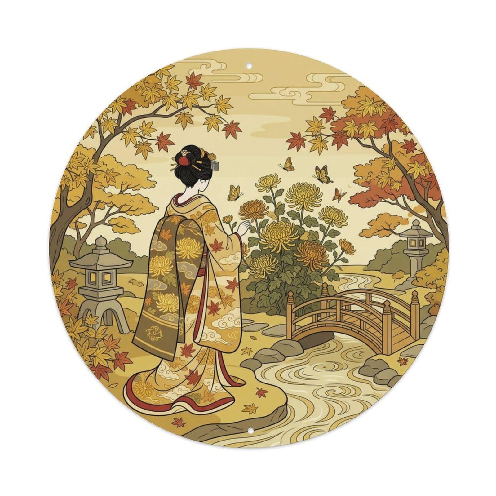 Japanese Geisha Chrysanthemum Garden Yellow Flowers Metal Tin Sign