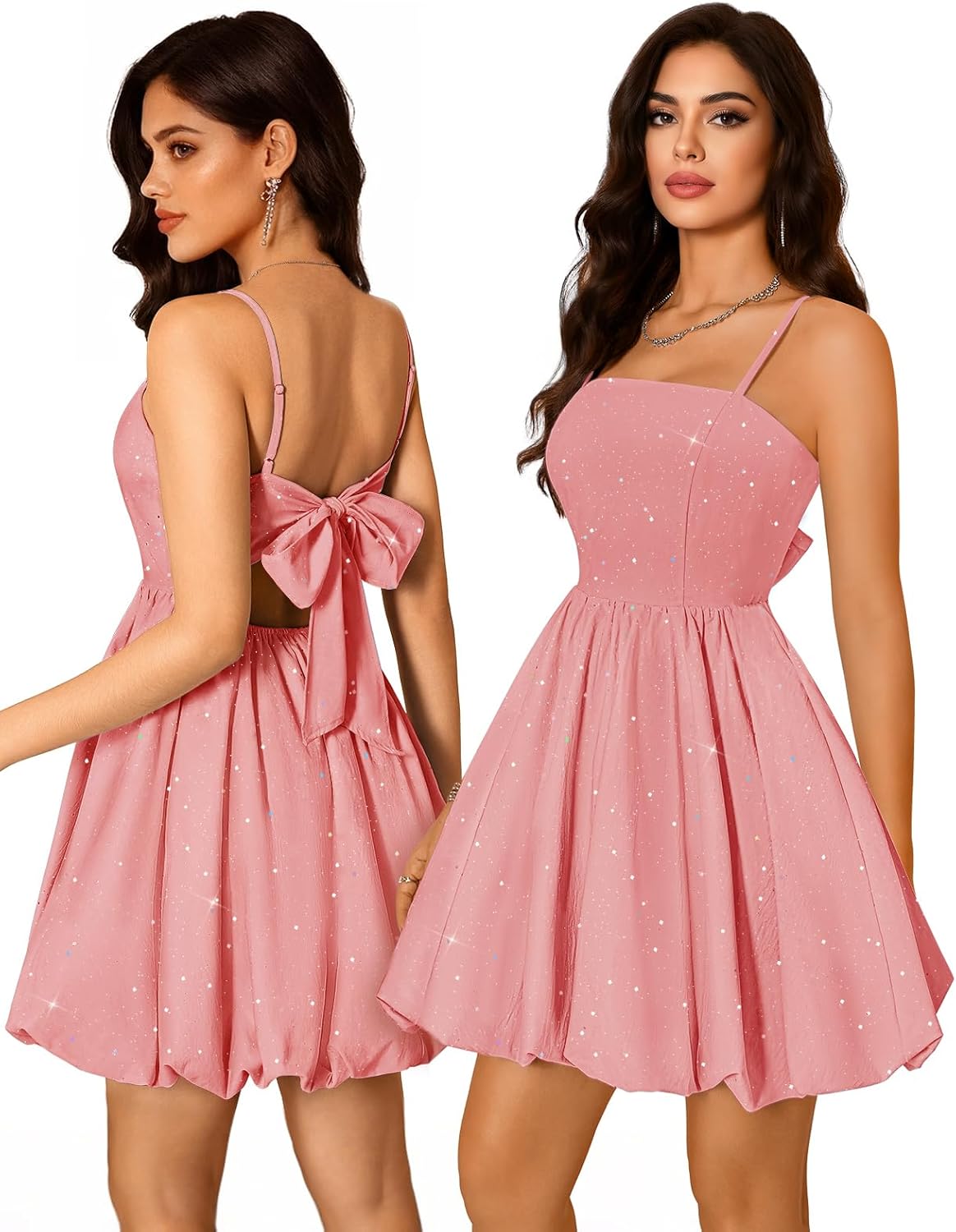 DRESSTELLS Sparkly Bubble Dress, Short Homecoming Graduation Dresses, Adjustable Straps, Bow Tie, Fully Lined, S-XL