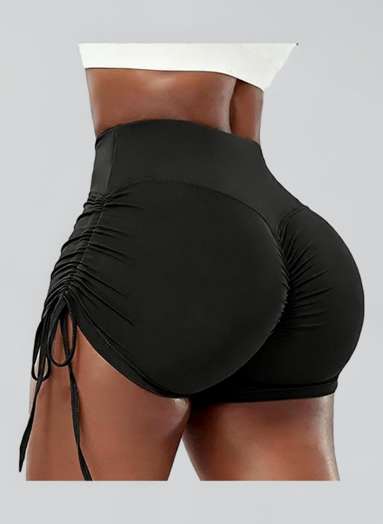 Gym Shorts for Women Ruched Butt Hot Pants with Drawstring Side High Waist Tummy Control Lifting Booty Shorts for Running Gym Cycling Sports