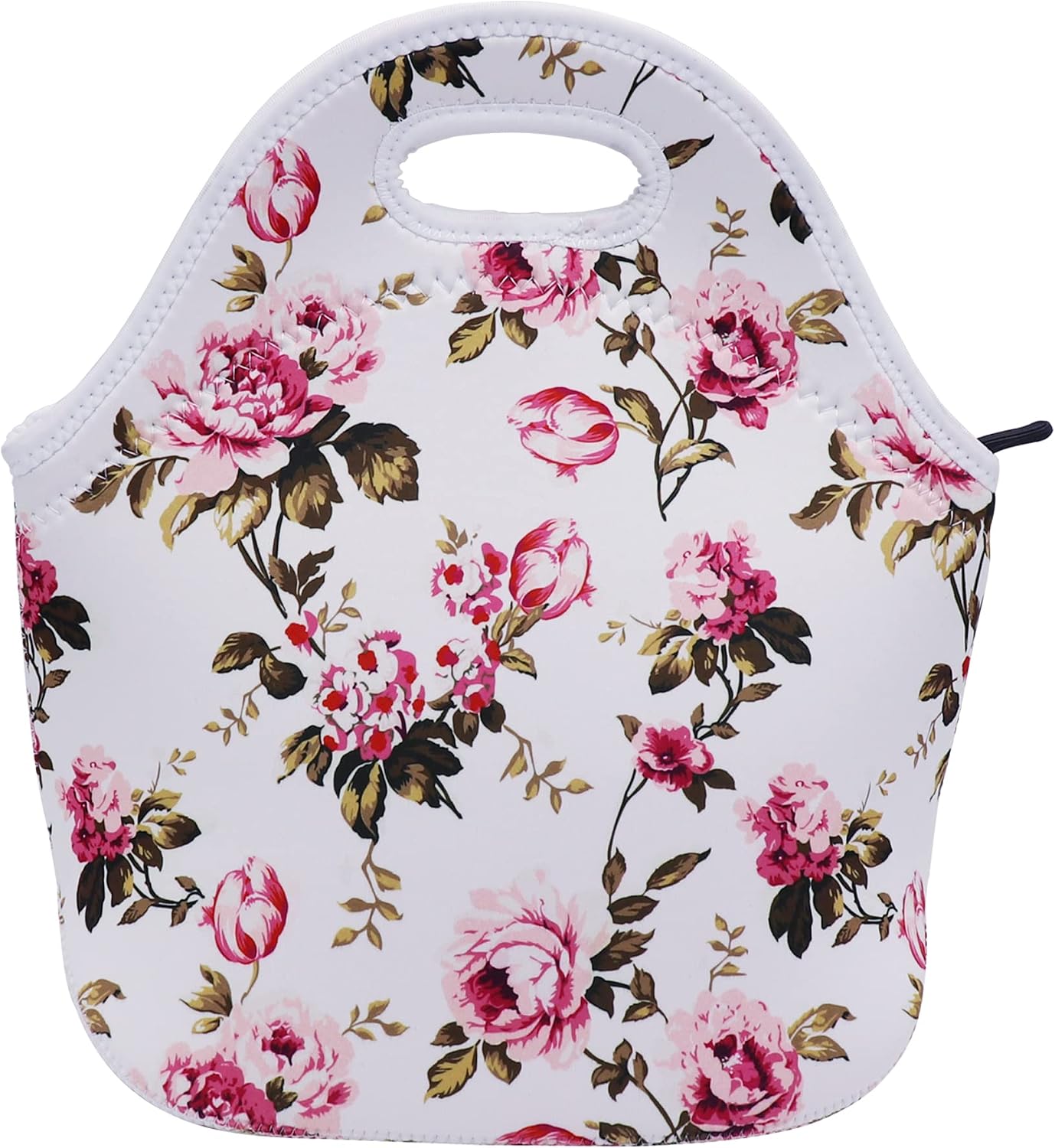 Neoprene Lunch Bag with Zipper, Reusable Lunch Tote for Kids & Adults (Flowers White)