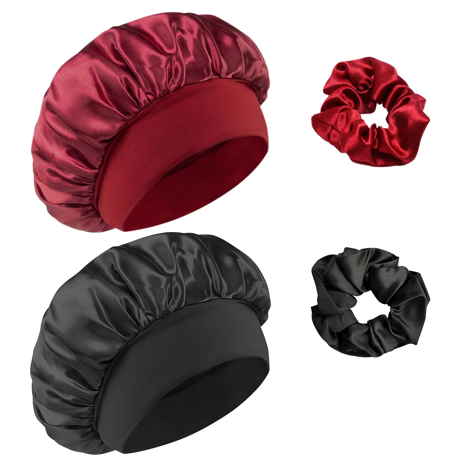 Admygo Women's Black Satin Night Hat With Elastic Bands And Hair Cards,Satin Bonnets,Night Sleep Cap,Elastic Sleep Bonnet Bath Cap For + Burgundy