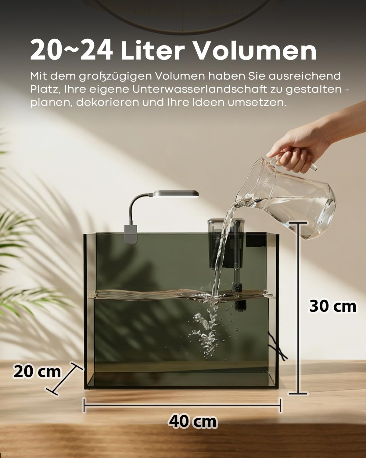 Acuario de Oficina 24 L - Acuario de Cristal Ultra-Clair con Filtro Autolimpiante, Iluminación Potente, Calefacción, Piedras, Grava y Herramientas de Limpieza