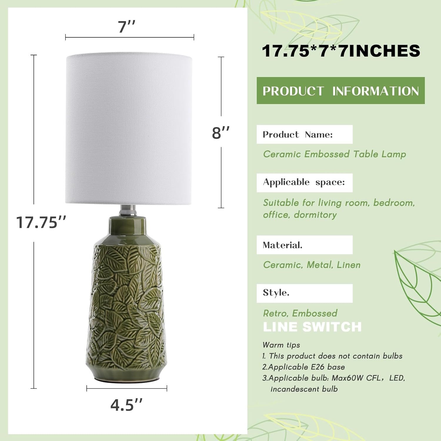 Ceramic Table Lamp Set of 2, 18" Modern Farmhouse Bedside Lamps with Leaf Pattern & White Linen Shade, Nightstand Lamps with Inline ON/Off Switch for Living Room, Bedroom, Dining Room