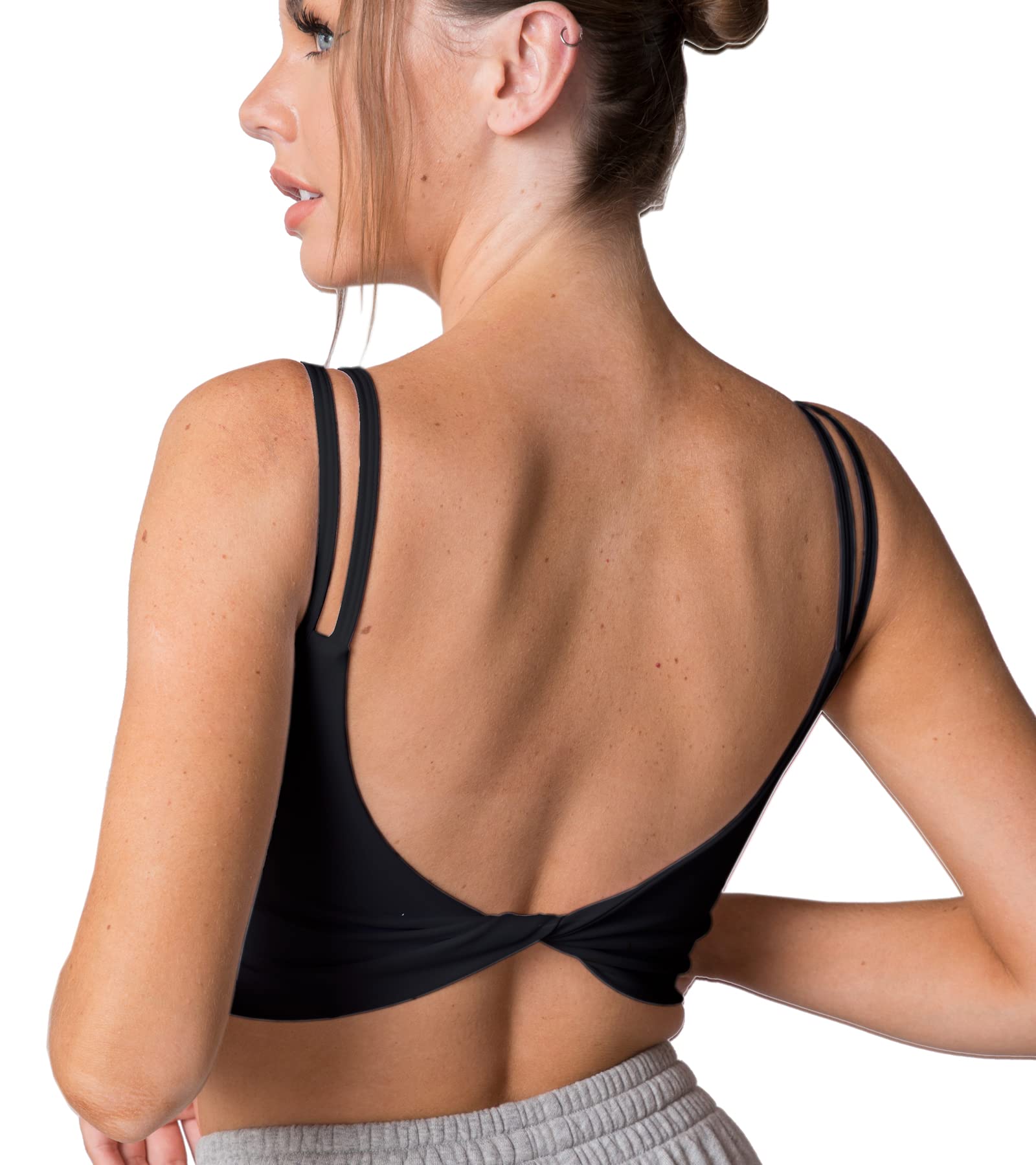 Move With You Women's Twist Back Backless Sports Bra Workout Padded Yoga Crop Tank Top
