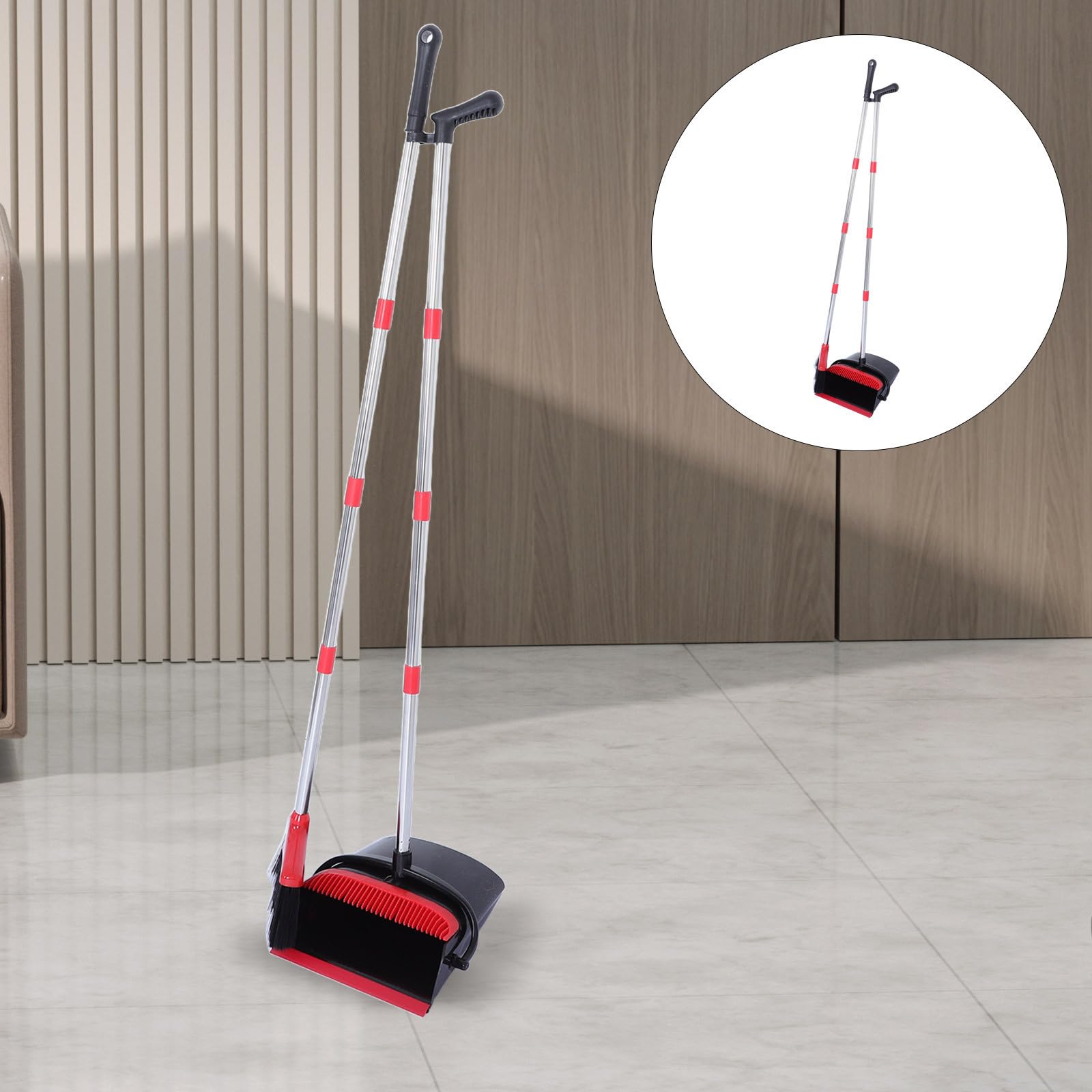 POPETPOP Escoba Plegable Portátil con Recogedor de Plástico y Acero Inoxidable con Dientes Autolimpiables para Suelos de Madera y Baldosas Adecuado para Apartamentos y Habitaciones