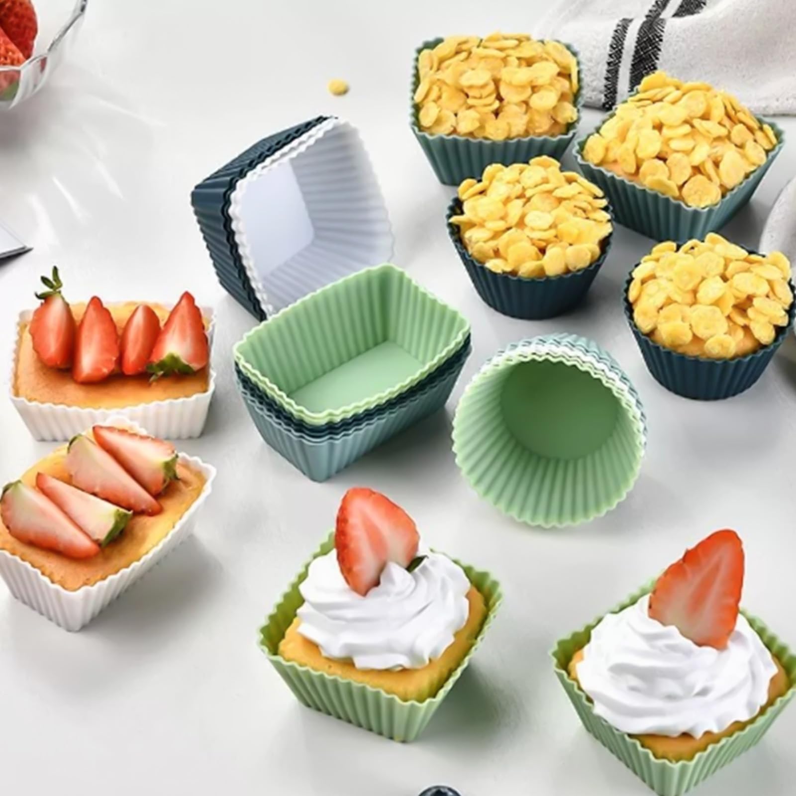27 prostokątnych, kwadratowych i okrągłych silikonowych form do muffinek, babeczek, budyniu i pieczenia - wielokrotnego użytku formy do pieczenia