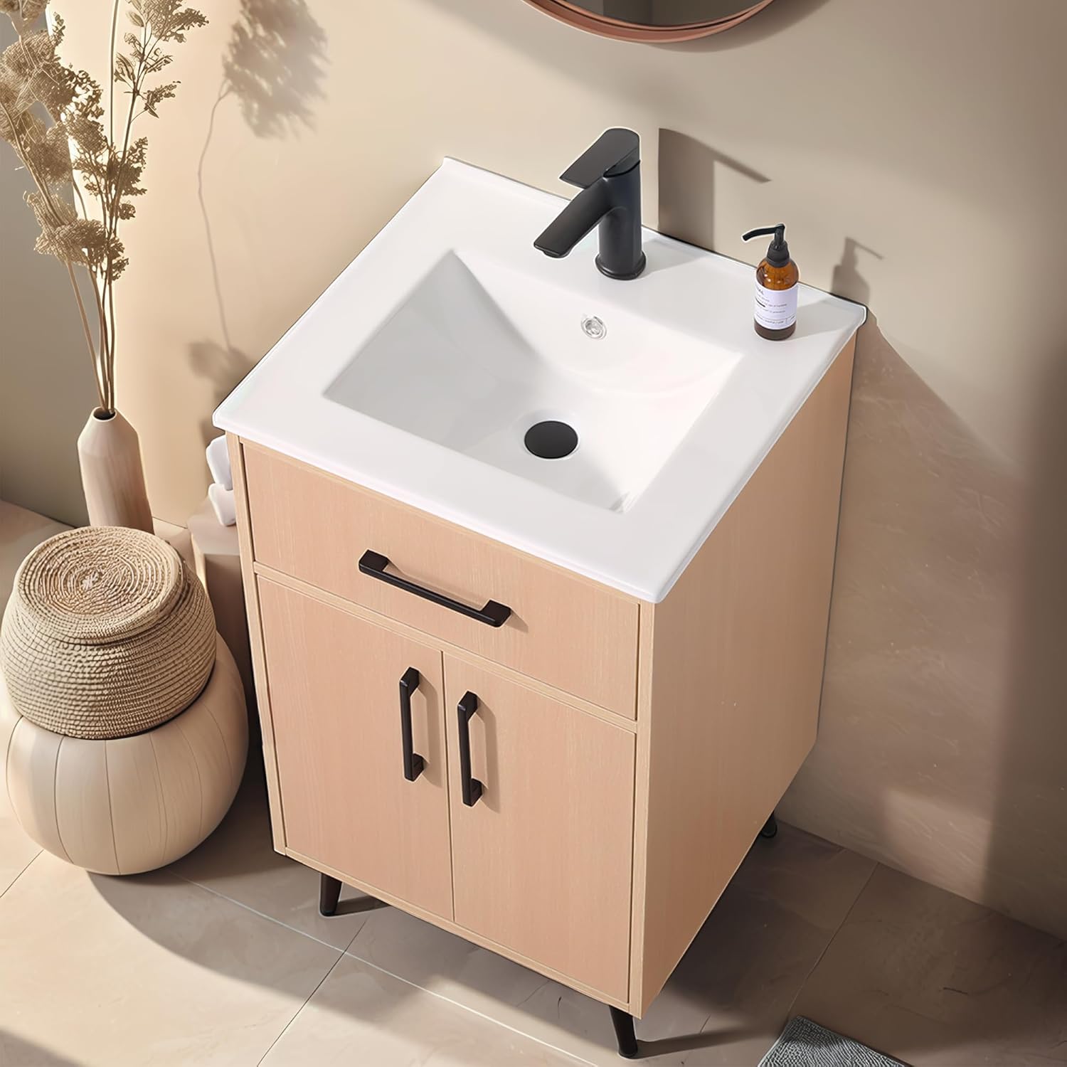 20-inch Solid Wood Bathroom Vanity with Sink, Warm Yellow Color for Free Standing Cabinet, Storage Rack and Drawer for Soft Closing Door