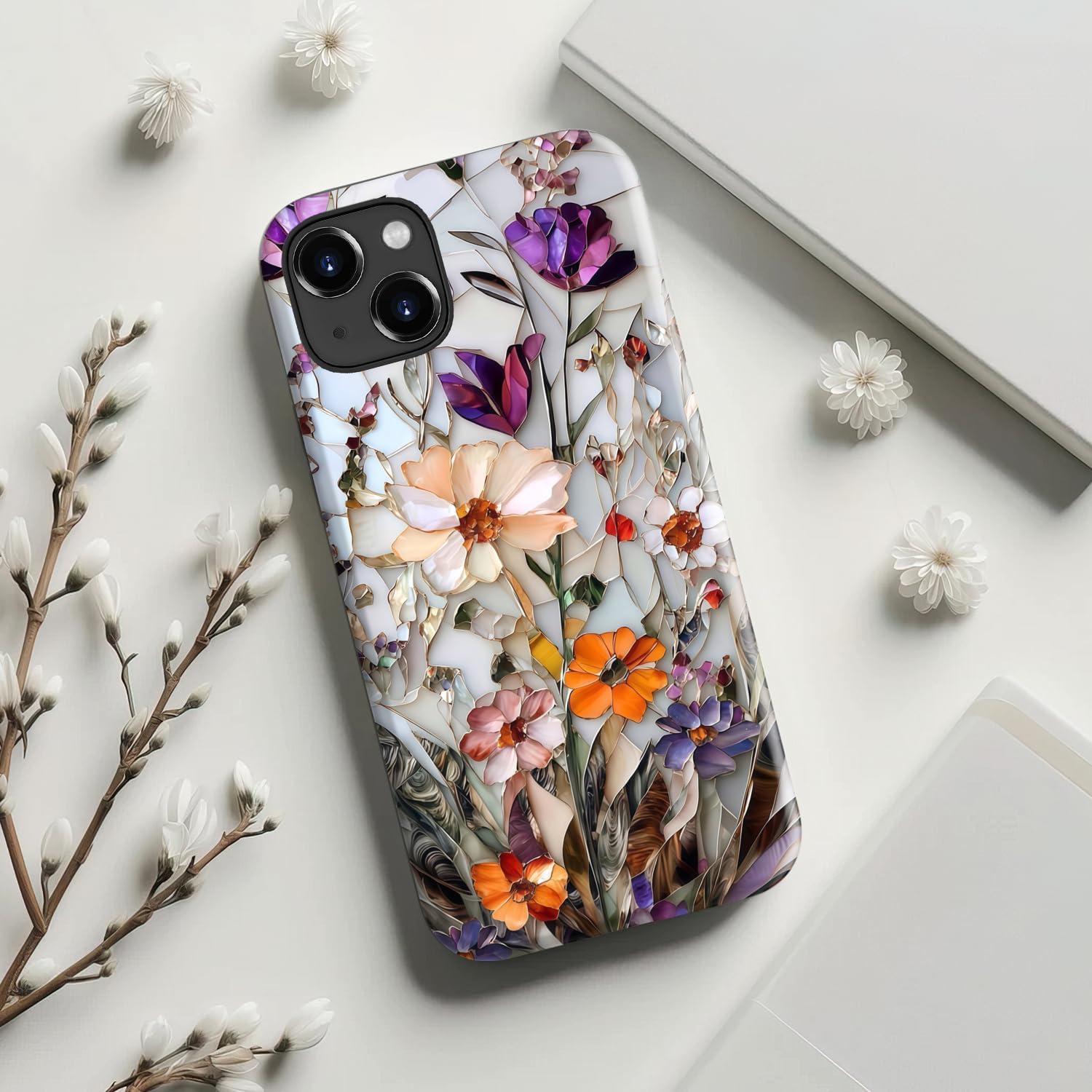 LUHOURI for iPhone 14 Case,Wireless Charging Compatible,Dual-Layer - Soft Silicone Inner + Hard Outer Shell,Cute Wildflower Design,Protective Phone Cover for Women - Marble Pressed Flowers - Image 4
