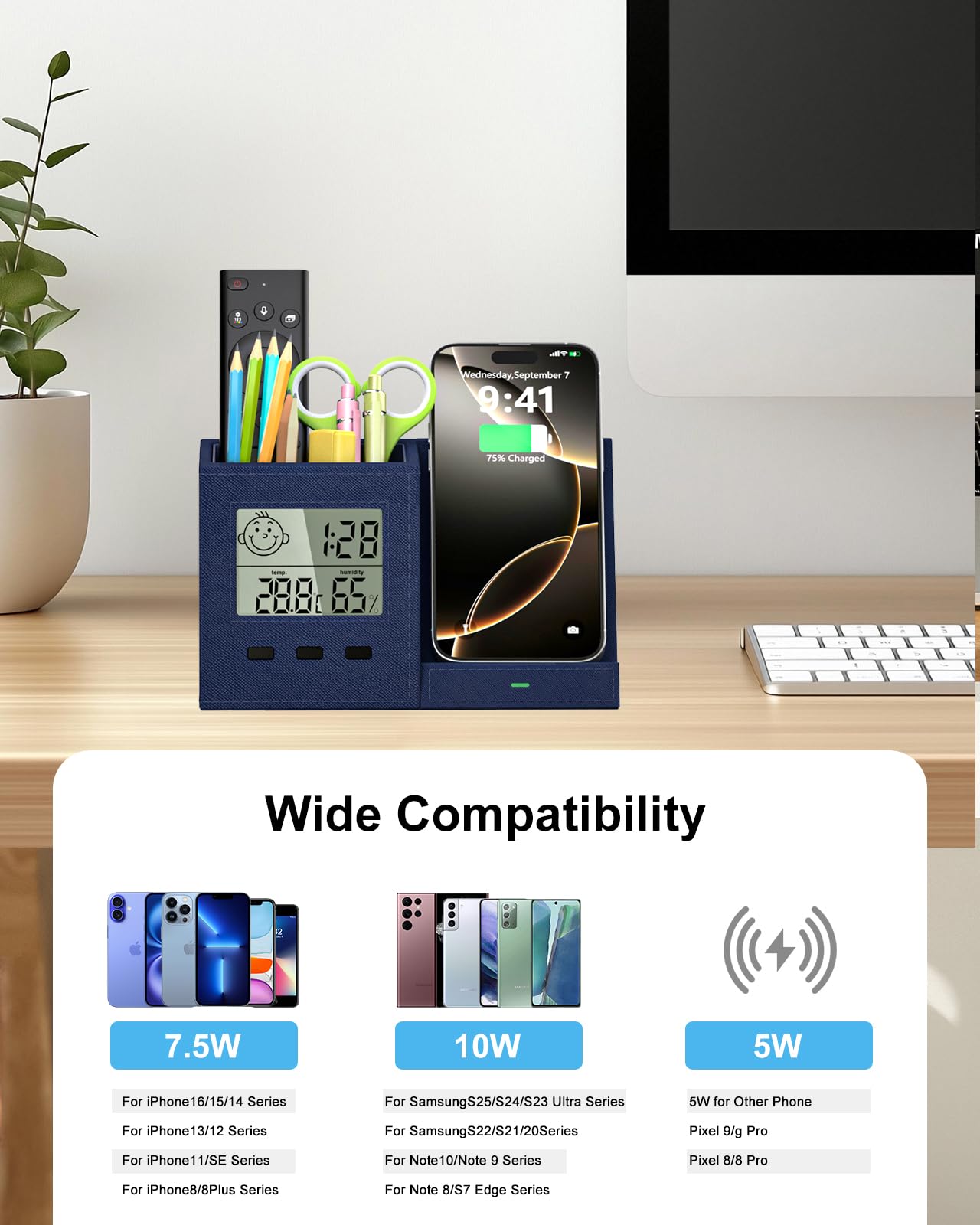 Organizer da scrivania con caricabatterie wireless, orologio digitale, termometro e igrometro, portapenne, multifunzione, accessori da scrivania per casa, ufficio, uomini, donne (batteria inclusa)