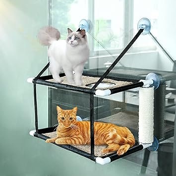 elfsky Cat Window Perch, Double-Layered Cat Window Seat with Two Cat Beds and Cat Scratching Post, Extra Large Sturdy Cat Window Bed Cat Resting Seat Providing All Around 360? Sunbath for Indoor