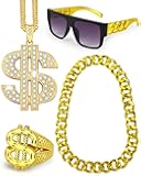 Hoedia 4 Pack 8090s Hip Hop Costumes Kit Outfits for Men,Fake Gold Chain,Sunglasses,Dollar Sign Ring&Chain Rapper Accessories