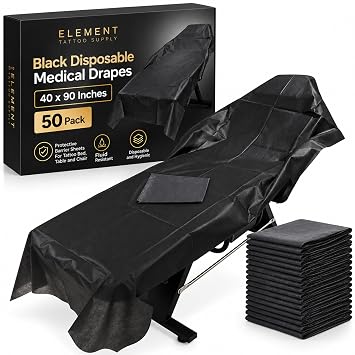 Element Tattoo Supply Black Disposable Medical Drapes 40 x 90 Inches 50 Pack Protective Barrier Sheets For Tattoo Bed Table Chair Covers Professional Tattooing Medical Spa Use