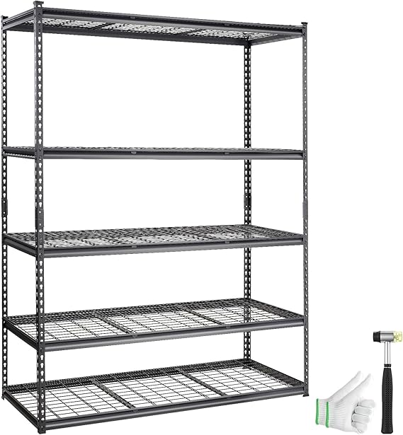 VEVOR Storage Shelving Unit, 5-Tier Adjustable, 2000 lbs Capacity, Heavy Duty Garage Shelves Metal Organizer Wire Rack, Black, 60 L x 24 W x 78 H for Kitchen Pantry Basement Bathroom Laundry Closet