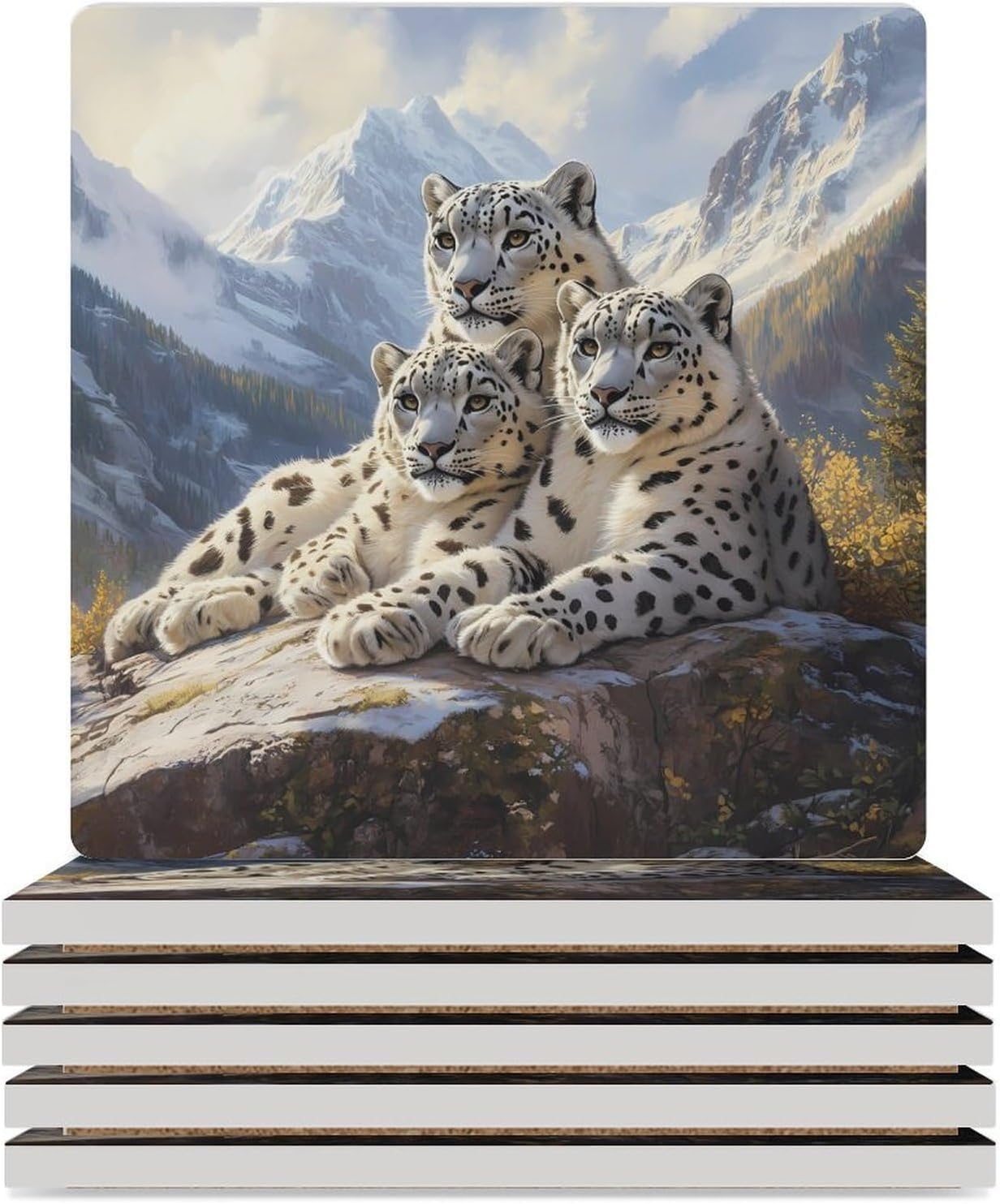 Snowy Leopard Family Ceramic Coasters Set Square Drink Coasters Table Coaster for Kitchen Desktop Decor