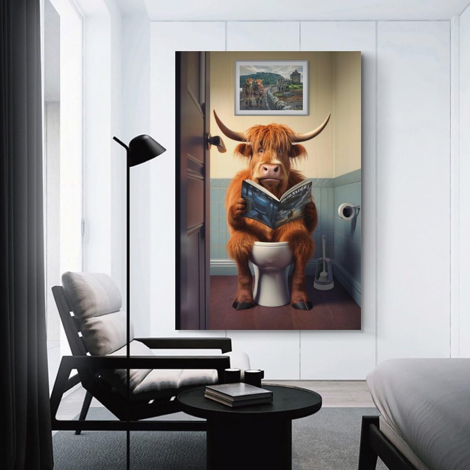Junmoney Unframe-Style-15-1 Highland Cow On The Toilet Room Decor Wall Art, 12X18inch(30X45cm), For Living Room, Bedroom, Office Or Hallway, Decorative Artwork With Broad Appeal