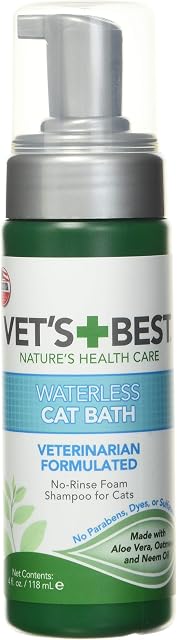 Vets Best Waterless Cat Bath | No Rinse Waterless Dry Shampoo for Cats | Veterinarian Formulated | 4 Ounces