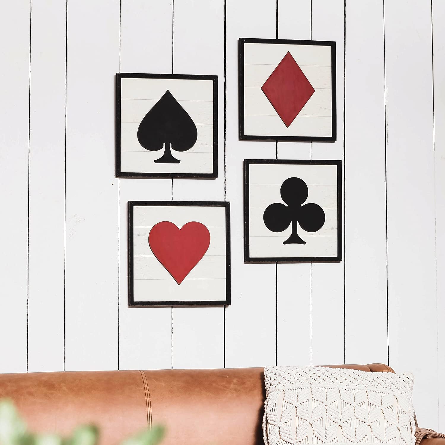 Poker Wall Art Decor Game Room Decor Framed Wooden Square Accessories Hanging Vintage Rustic Masculine Decorative Wall Signs for Boy Man Room Living Room Bedroom Gift for Gaming Lover, Set of 4