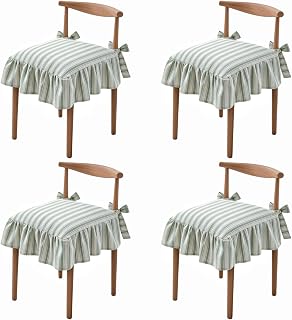 4 Pcs Ruffled Seat Cushion Covers - 17.5''x17.5'' Sage Green Striped Ruffle Seat Cushion Cover, Farmhouse Ruffle Chair Cushion Slipcover with Ties for Dining Room Kitchen Chairs (Covers Only)