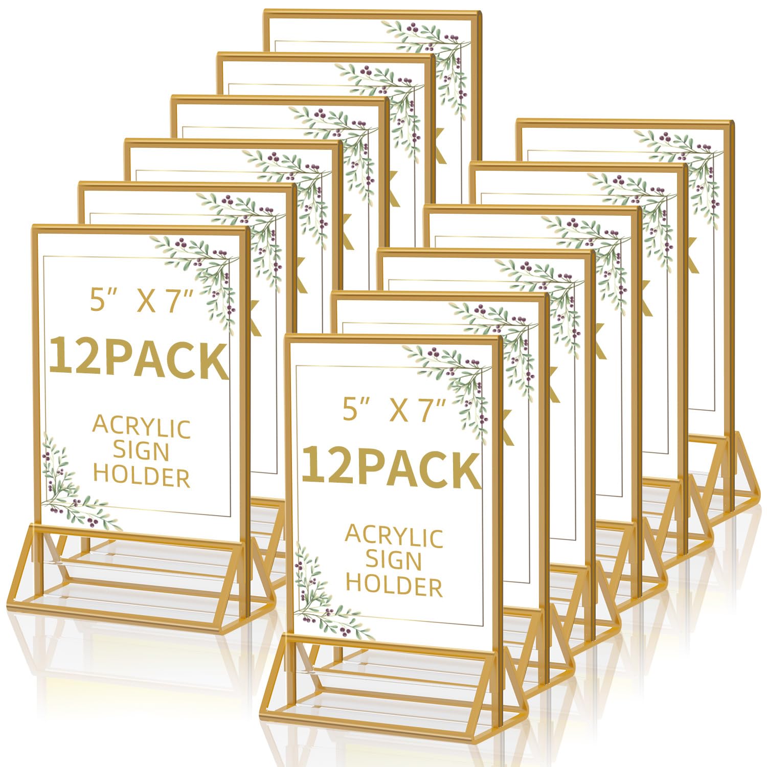 12 Pack Acrylic Sign Holder 5x7 Gold Frame Double Sided Display Stand, Clear Sign Holder Table Plastic Paper Holder, Acrylic Frames for Home Office Shop Photo Frames