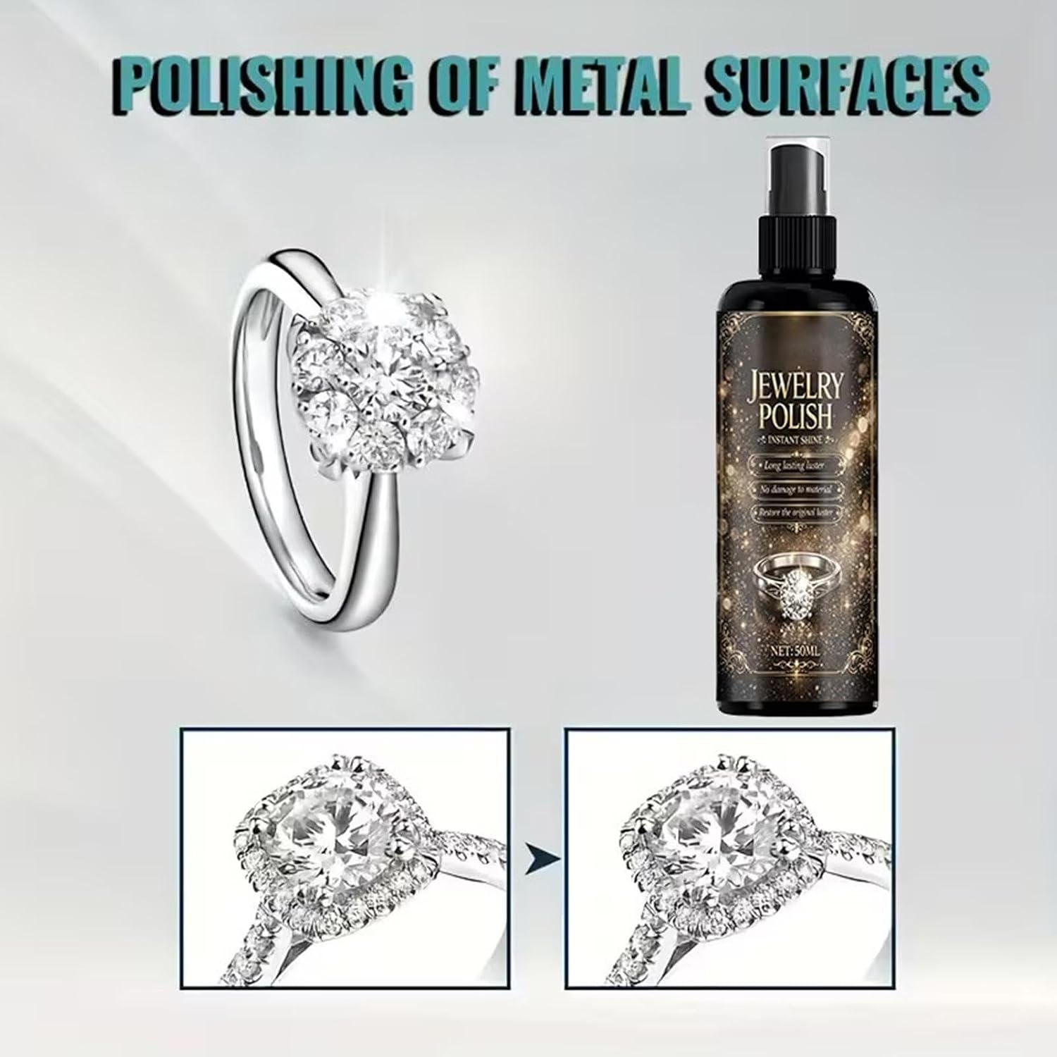 Jewelry Polishing Spray, Jewelry Cleaner Solution, Silver Shine Restorer, Gold Gemstone Cleaning Formula, Tarnish Removal Brightening Care Liquid, 50ml, for Home Travel Women Mom Wife