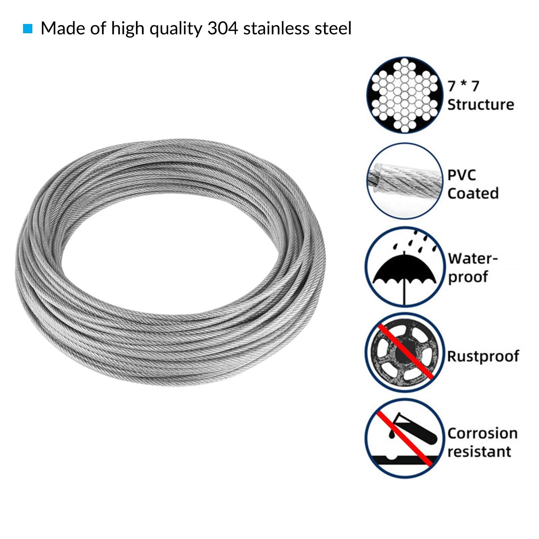 20M Drahtseil Edelstahl Stahlseil Gardinenseil 2mm PVC-Ummantelt | Aluminiumhülsen Alu Klemme 2mm | Drahtseil Kauschen 2 mm | M5 Spannschnall spanner | M2 Drahtseilkauschen | Schraubaugen