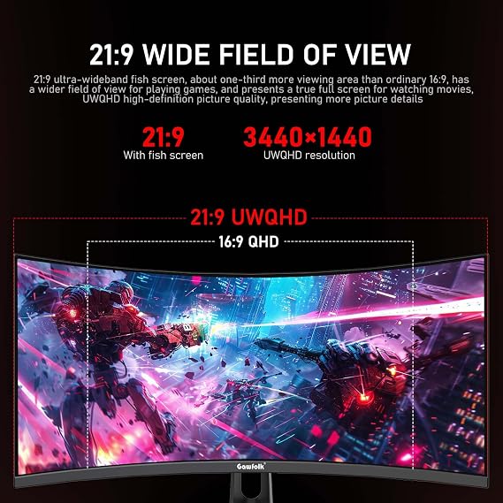 Gawfolk 34 Inch Ultrawide Curved 200Hz Gaming Computer Monitor,1500R PC Screen 21:9 UWQHD (3440x1440),120% sRGB,Adaptive Sync,Built-in Speaker,HDMIDisplay Port,Compatible with Wall mounting-Black