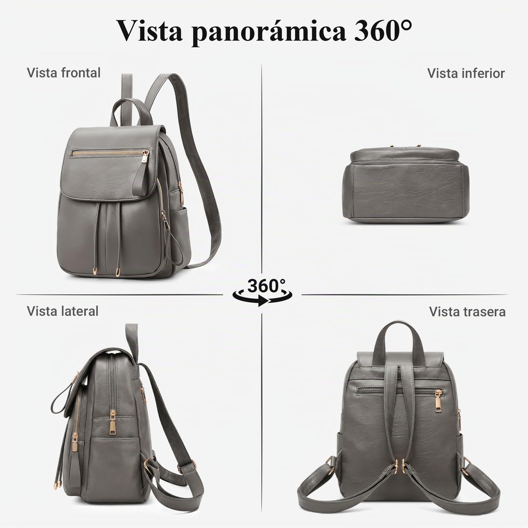 Moda Simple Mochila Mujer Diario Casual Trabajo Mochilas Elegante Bolso De Hombro Viaje Compras Escuela Cuero PU Impermeable Medio Antirrobo Bolso Bolsas De Hombro Gris