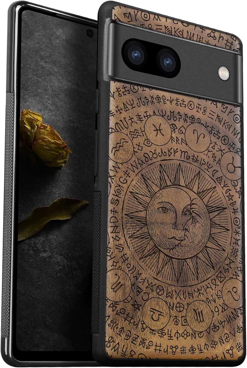 Carveit Wood Case for Pixel 7a Case [Natural Wood & Black Soft TPU] Shockproof Protective Unique & Classy Wooden Phone Cover Compatible with Google Pixel 7a (Mysterious Moon-Rosy)