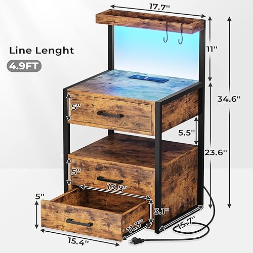 Miniatura 2 de Mesita de noche con estación de carga y luces LED, mesita de noche LED con 2 puertos USB y 2 salidas de CA, mesa auxiliar moderna con 3 cajones,