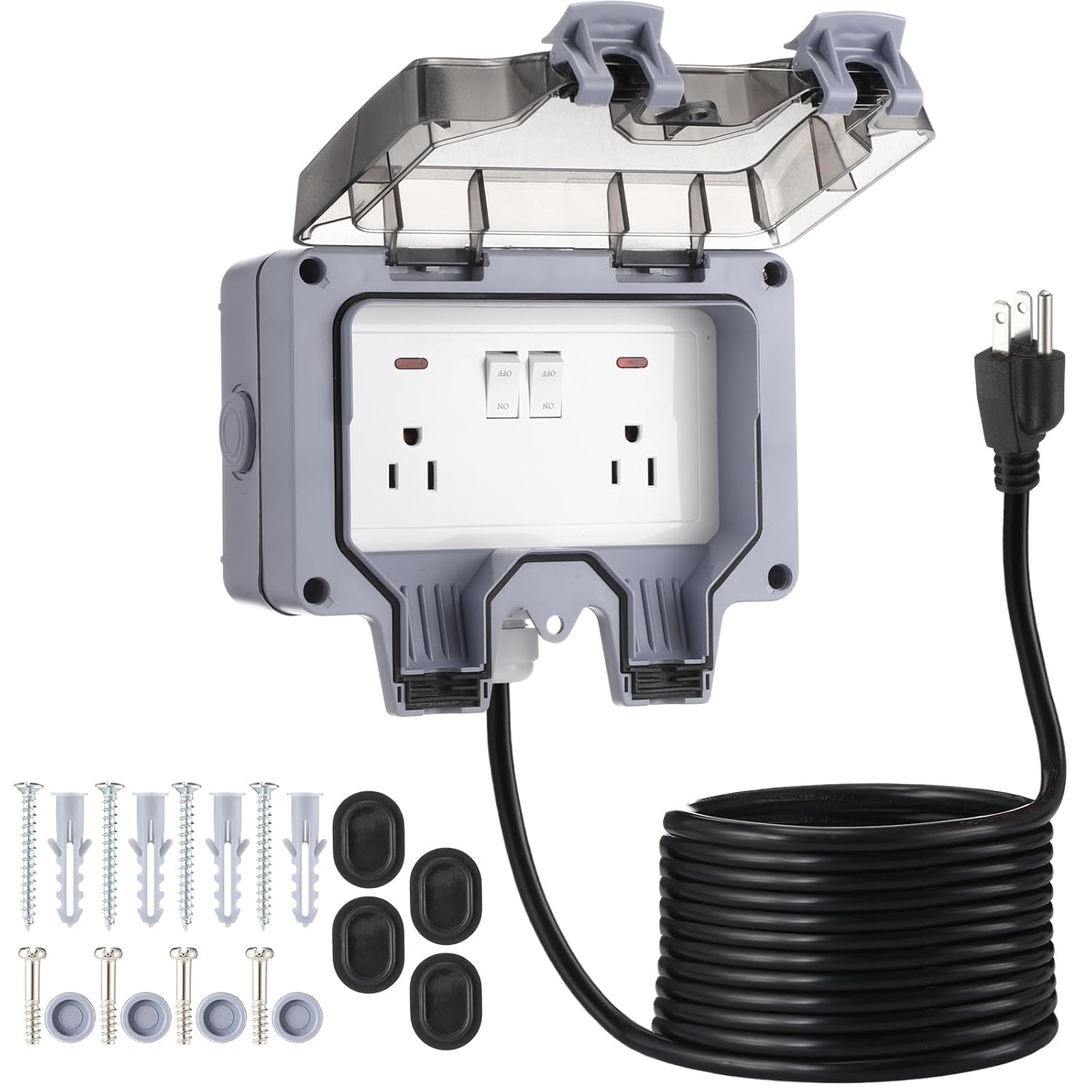 Kanayu 30ft Outdoor Outlet Box with Extension Cord and Cover, Dual 15 Amp 5-15 Receptacles Weatherproof Waterproof Ip66 Outdoor Exterior Socket with Switch and Indicator Light, 14 AWG/3C SJTW Cord