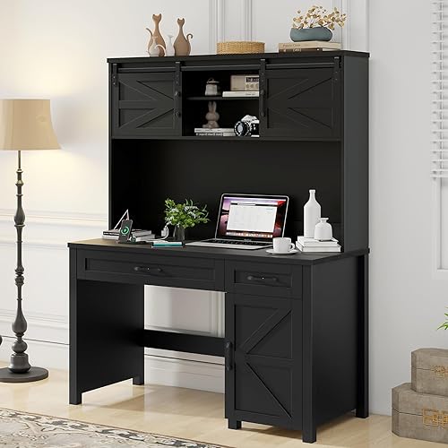 Farmhouse 47" Executive Computer Desk with 2 Drawers and Storage Cabinet, Home Office Desk with Hutch and Charging Station, Workspace for Work and Study (Pure Black).