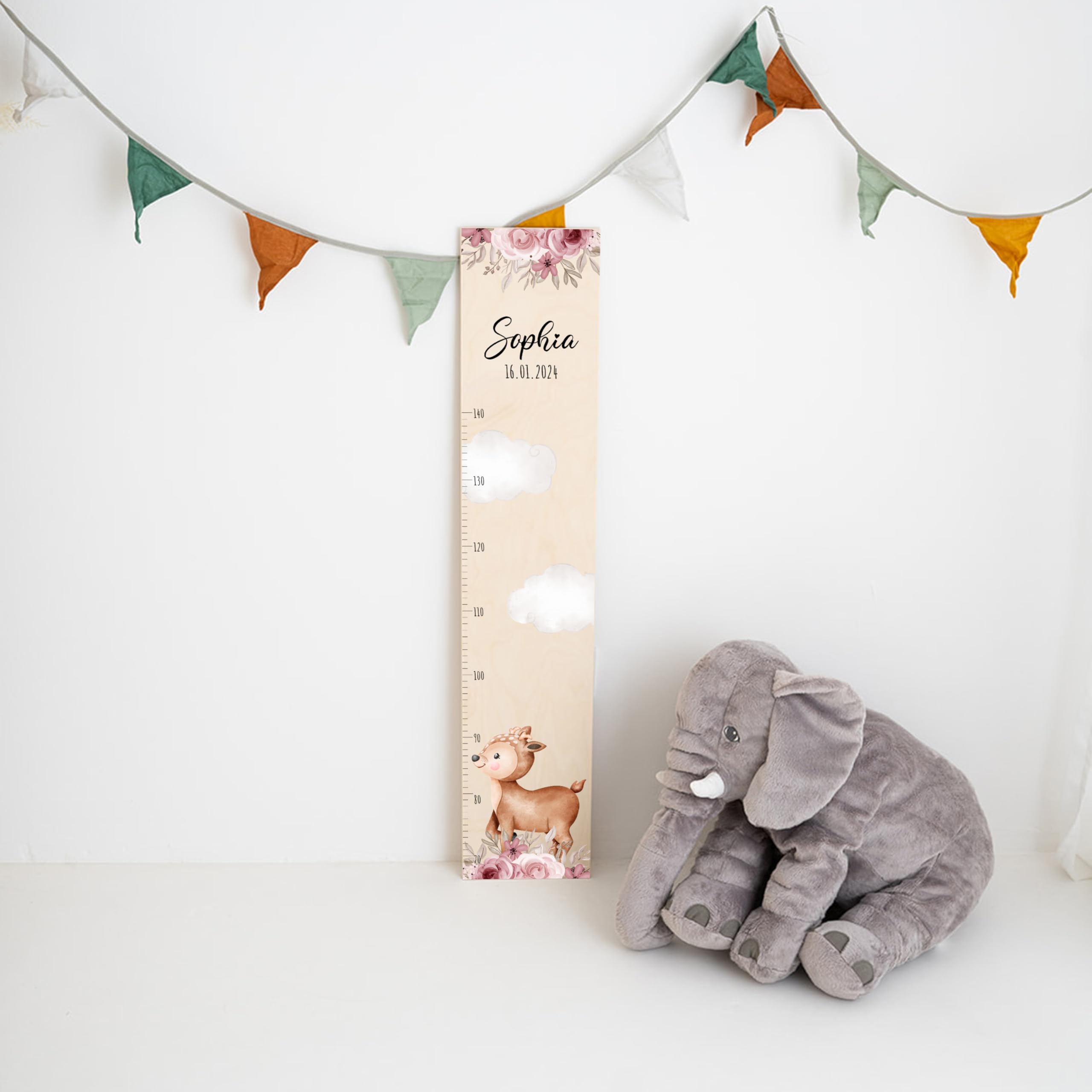 Bärenfreunde® - Personalisierte Messlatte Kind Holz zum Kleben oder Aufhängen - Skala 70-140cm - Süße Dekoration für Baby- & Kleinkinderzimmer (Kinder 70-140cm, Reh Blumen)
