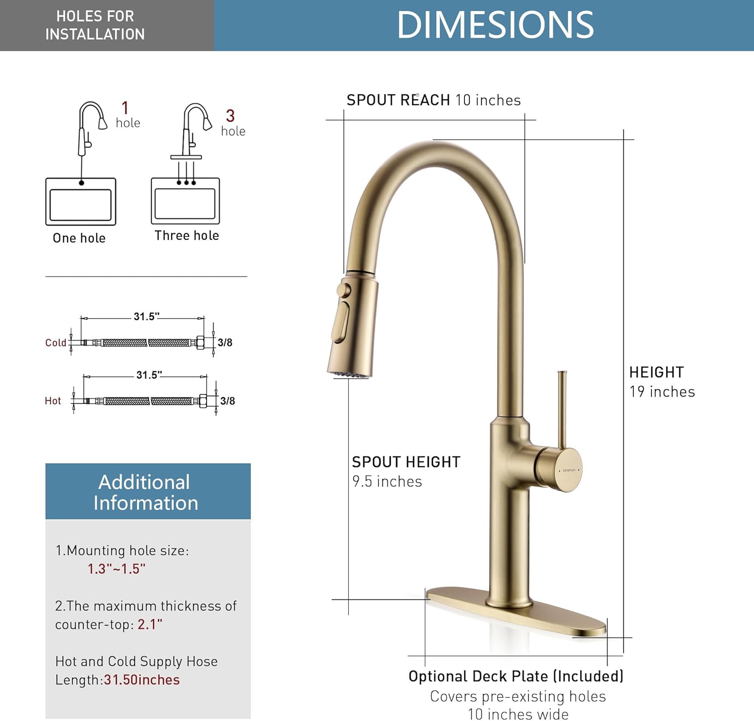 Kitchen Sink Faucets Brushed Gold, High-Arc Single Handle Kitchen Faucet with Pull Down Sprayer, Solid Brass Tall Kitchen Faucets 19 Inch