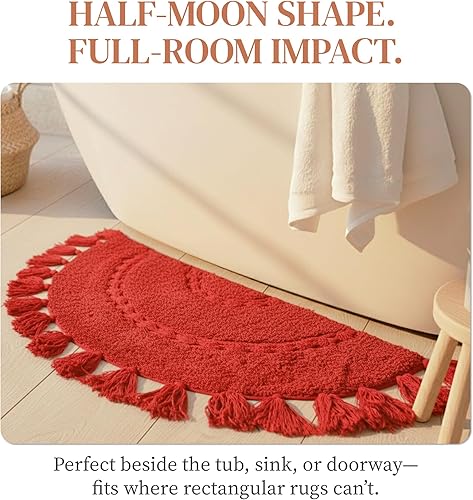 Miniatura 4 de Alfombra bohemia para baño, tapete de algodón medio círculo con inserto de ganchillo y borlas, tapete bohemio decorativo antideslizante para baño,