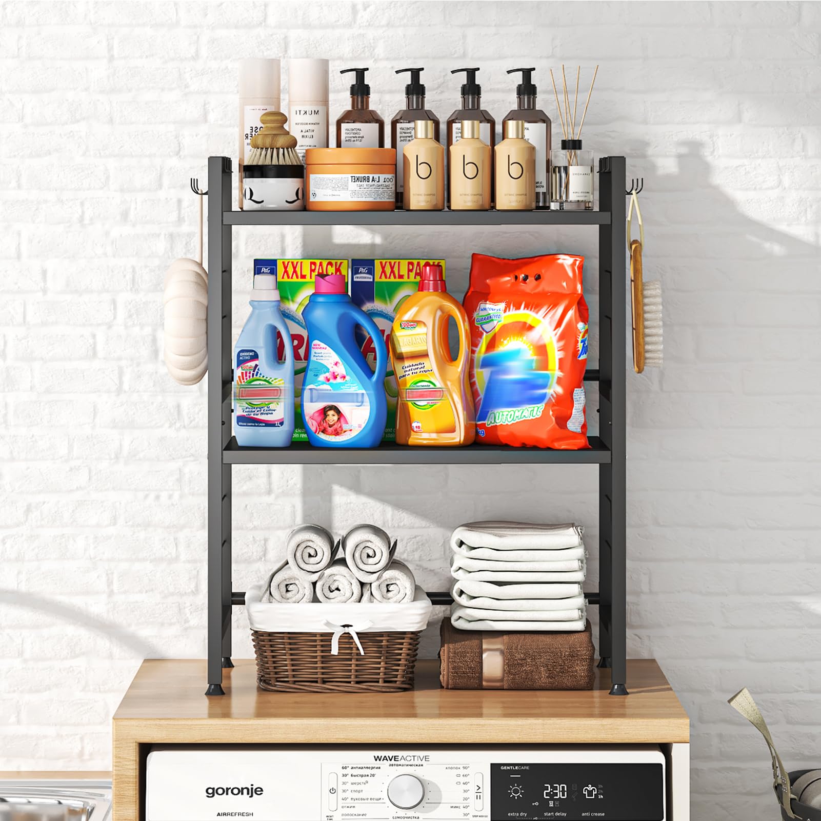 Support Extensible pour Four à Micro-Ondes à 3 Niveaux, Support d'étagère de Cuisine Hauteur Réglable avec 6 Crochets Suspendus Etagere Rangement Cuisine, Noir