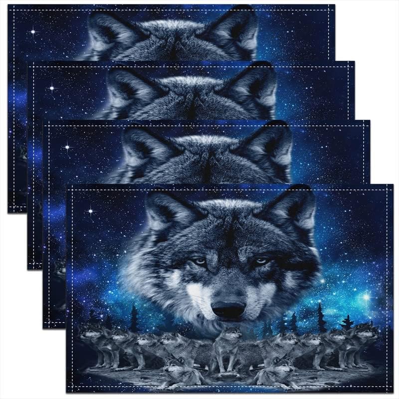 Juego de 4 manteles individuales para mesa de comedor con diseño de lobo para niños, diseño de lobos y lobos de animales, manteles individuales de