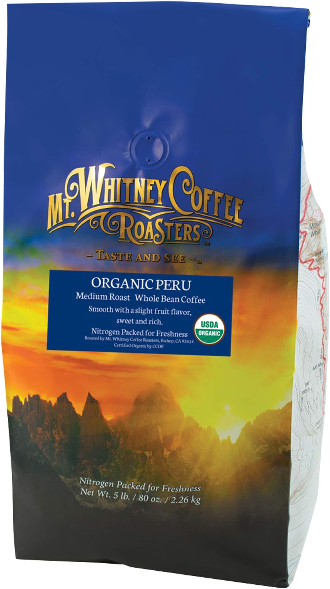 Mt. Whitney Organic Shade Grown, Low Acid, Coffee from Peru (Whole Bean, 5 Lb)