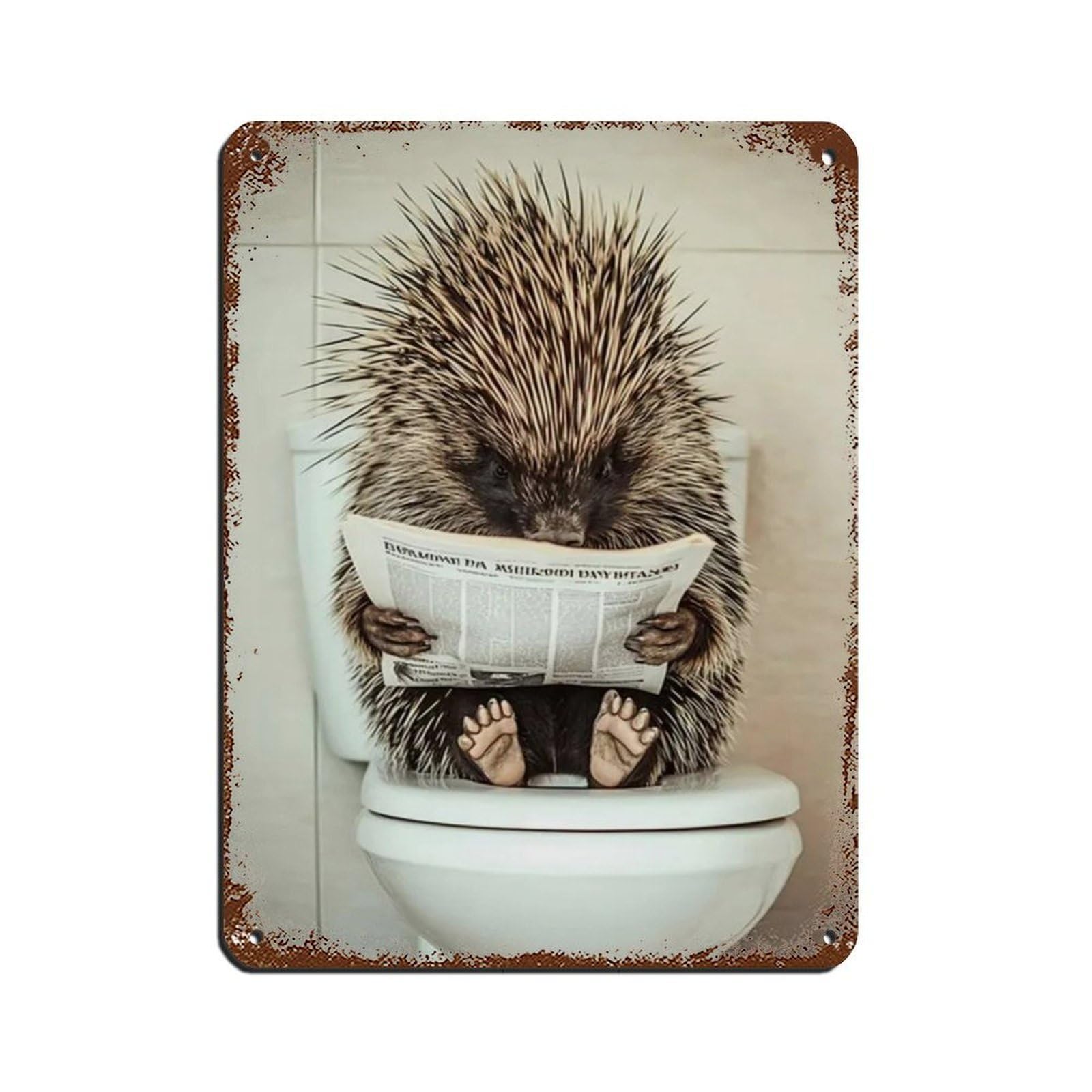 Porcupine Sitting on Toilet Reading Newspaper Tin Sign Vintage Metal Pub Club Cafe Bar Home Wall Art Decoration Poster Retro 12x16inch(30x40cm)