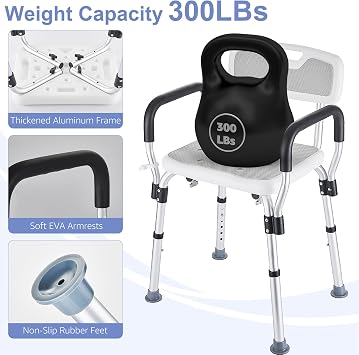 Shower Chair with Padded Arms and Back Heavy Duty 330lbs, Bath Seat 6 Height Adjustable Shower Stools for Inside Shower with Non-Slip Foot for Elderly, Disabled, Adults, Pregnant