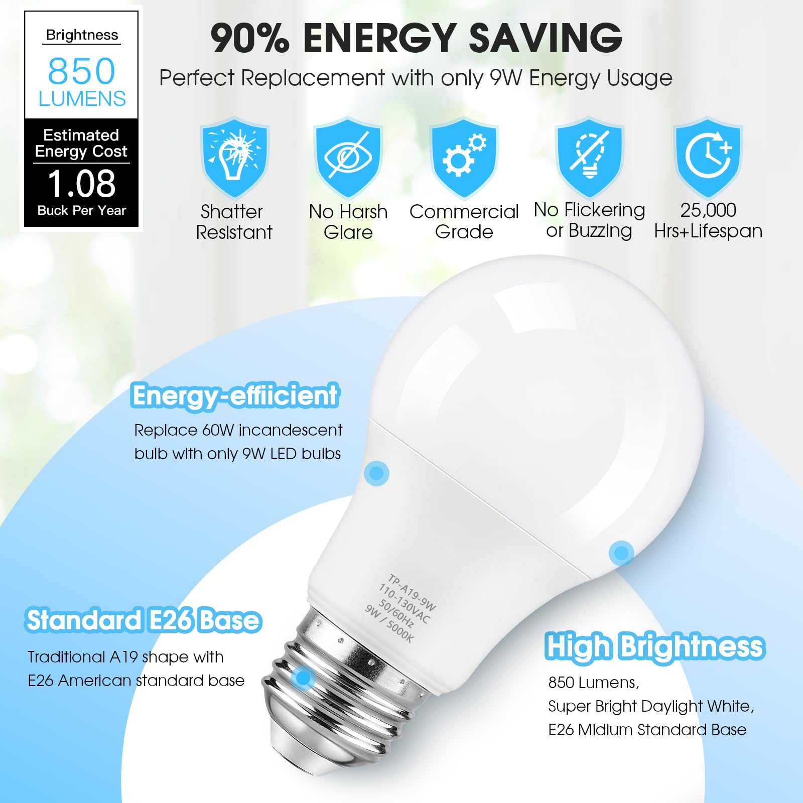 24-Pack A19 LED Light Bulbs 60W Equivalent Daylight White 5000K E26 Base 850 Lumen Non-Dimmable 9W Bright White — view 9