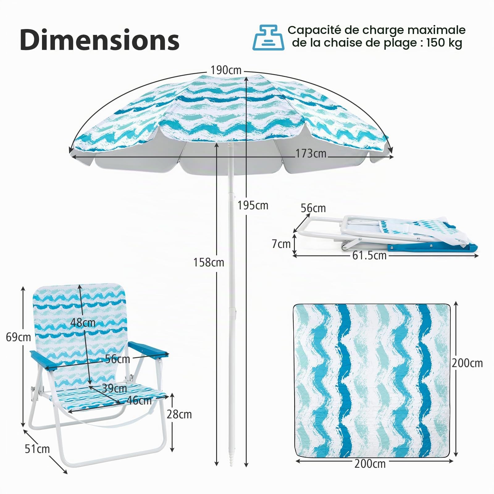 KOMFOTTEU Ensemble Plage, 2 Fauteils, 1 Tapis, 1 Parasol de φ 175cm, Bleu | Set de 4 Chaise Pliable, Charge 150KG, Parasol Inclinable Réglable à 30° avec Sac de Rangement, Tapis de Plage