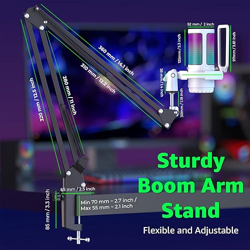 Miniatura 7 de IXTECH Micrófono para juegos para PC con brazo Boom, micrófono condensador podcast con filtro pop, botón de silencio rápido, perilla de ganancia,