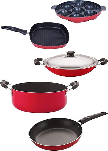 Nirlon Non Stick cookware Set of 5 Pieces Combo for Wedding Gift(2.6mm_AP(7)_AC_GP(22.5)_Cass20_TP24)