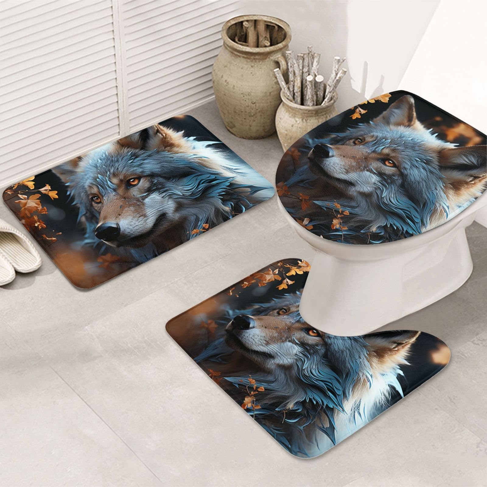 Tapis de salle de bain lavable et ultra absorbant avec motif loup artistique