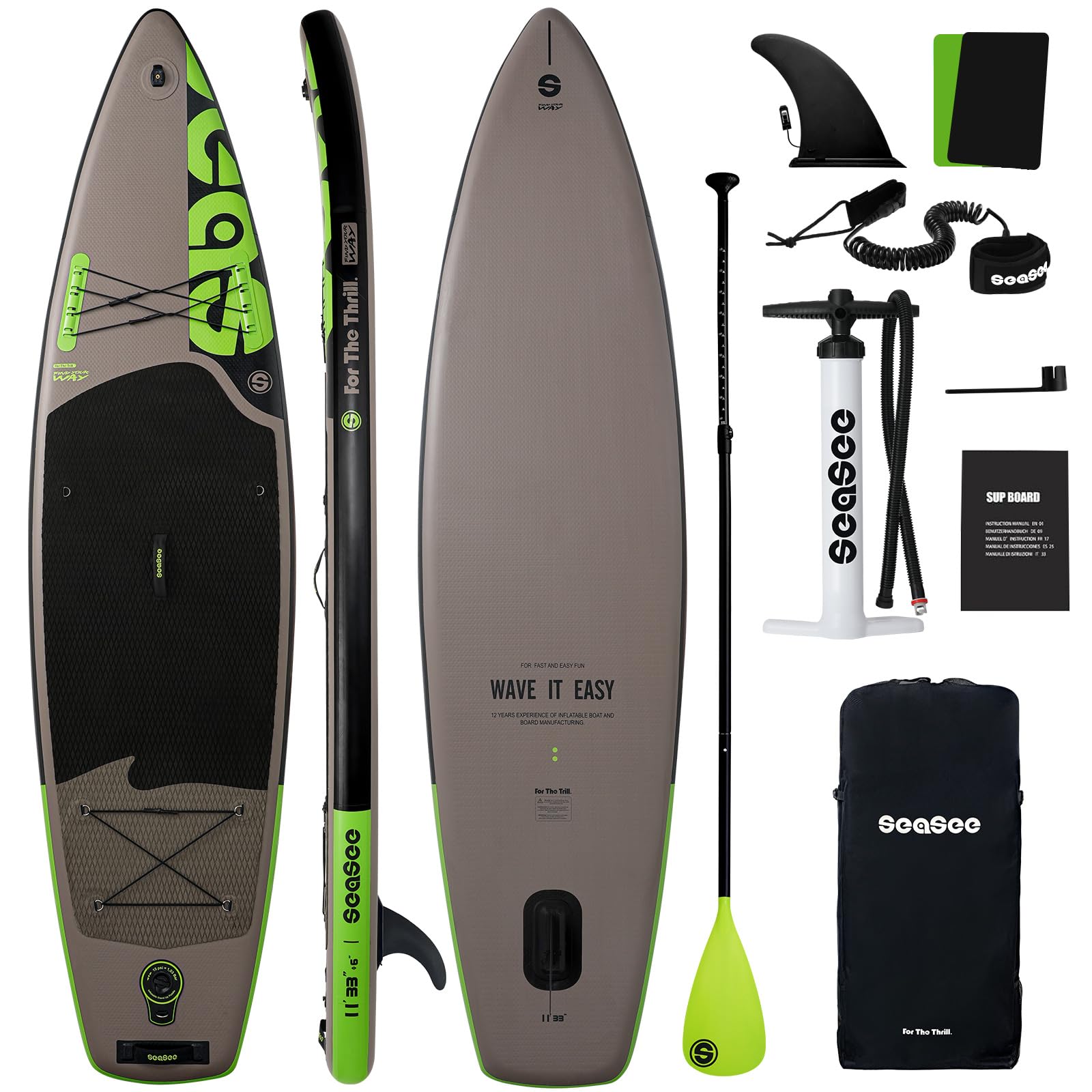 Seaseesup Inflatable Stand Up Paddle Board Includes Paddle, Dual Action Pump, and Accessories 11ft Lightweight iSUP, 33"*6" Wide Stable Design,