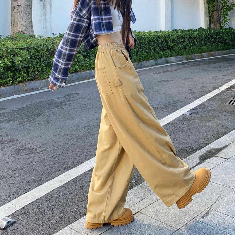 Pantalones de paracaídas para mujer, pantalones tipo cargo, holgados, Harajuku Y2K, cintura baja, pierna ancha, holgados, góticos, de hadas, Caqui, Medium