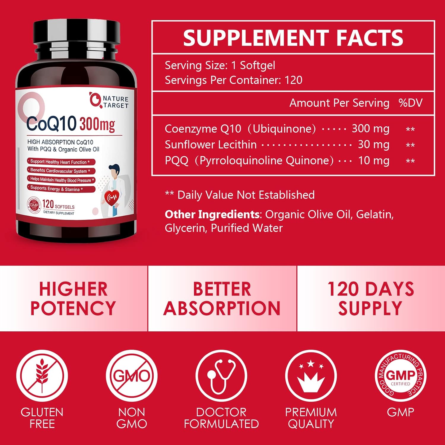 NATURE TARGET CoQ10-300mg-Softgels + PQQ with Organic-Olive-Oil - High Absorption-Coenzyme-Q10 - Antioxidant-for-Heart-Health and Immune Support, Energy Production, 120 Servings - Image 2