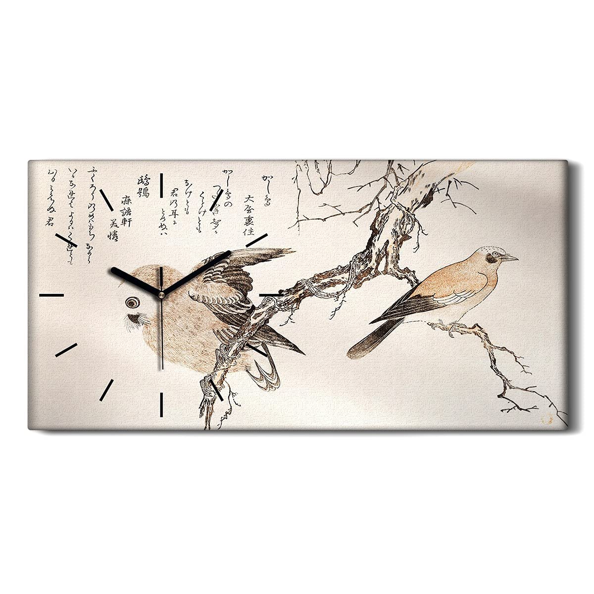 Horloge sur toile décoration salon image art mural branches asiatiques oiseaux