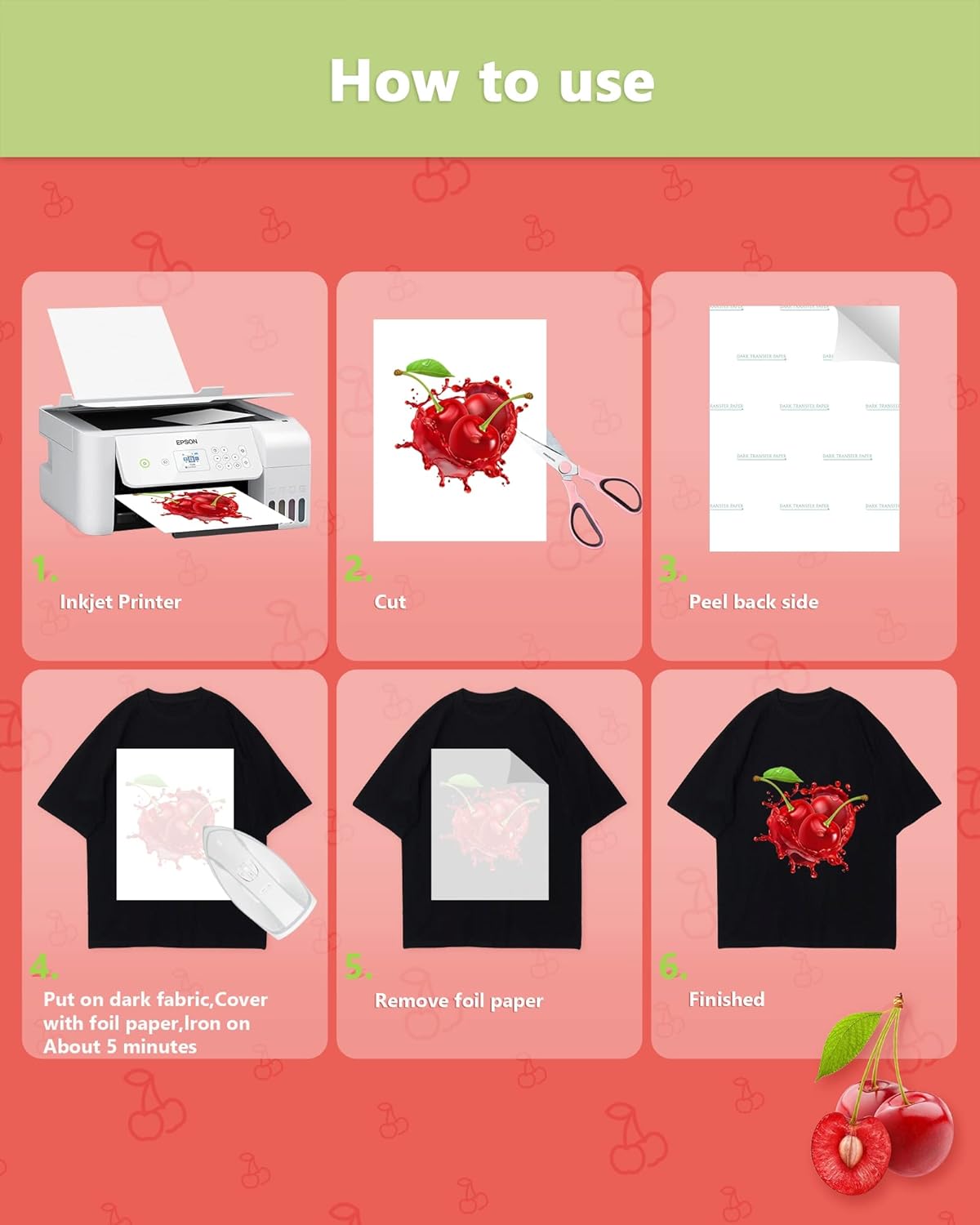 Iron Heat Transfer Paper for Dark Fabric 60 Sheets 8.5x11" T shirt Transfers Paper Dark for Inkjet Printer Printable Heat Transfer Vinyl for T-shirts DIY